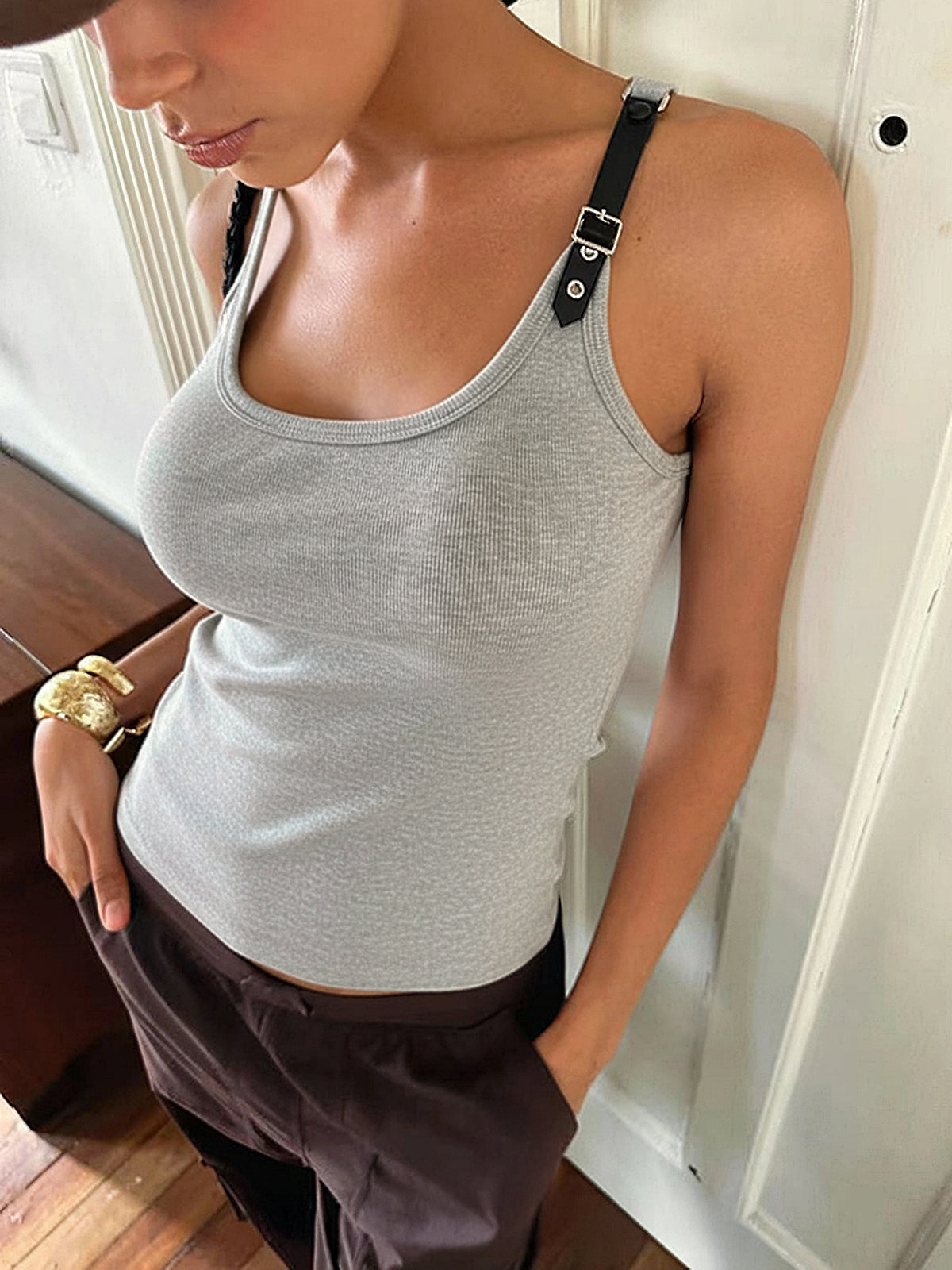 Ribbed Stretchy Faux Leather Buckle Vintage Tank Top