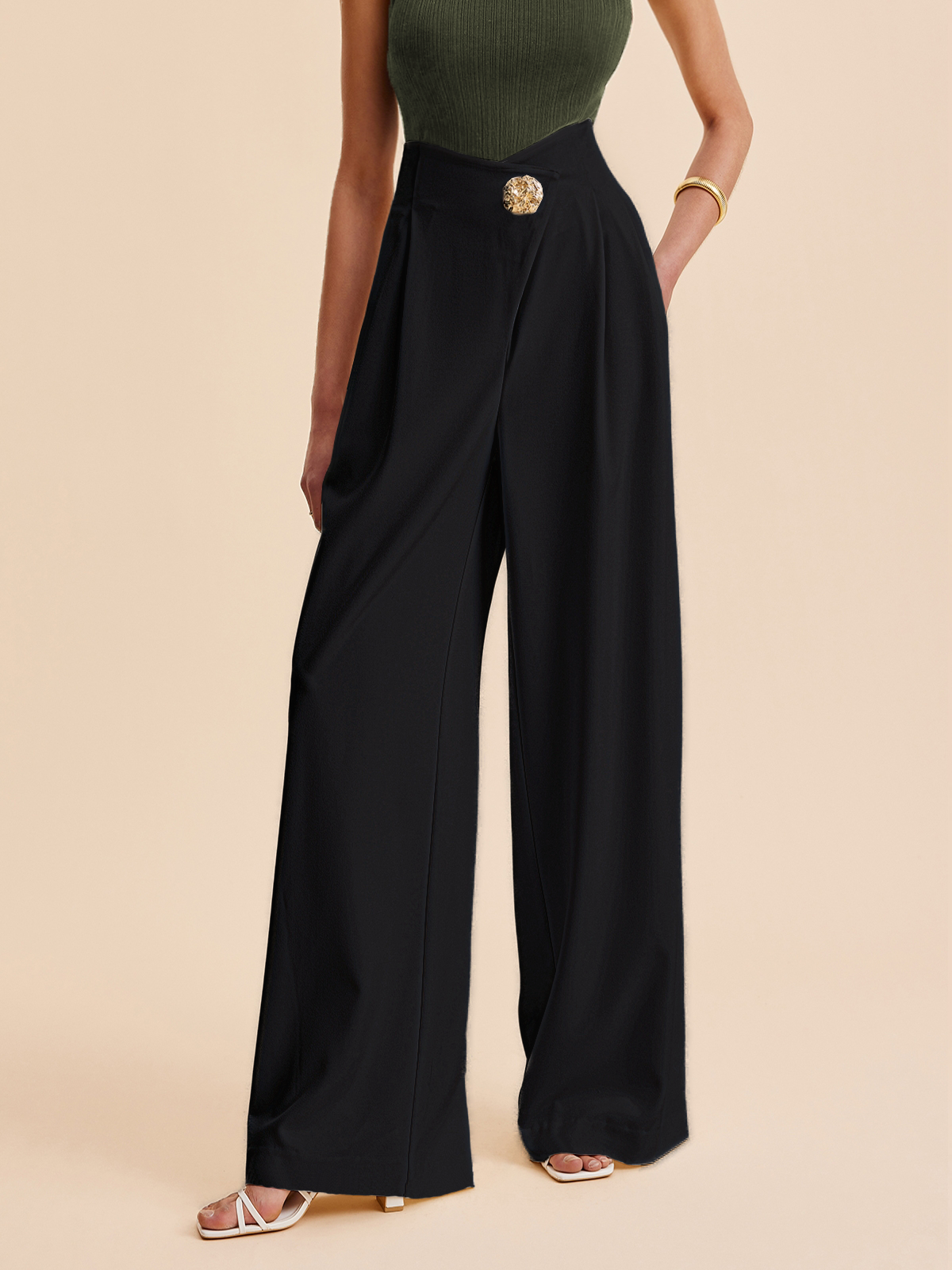 Embellished High-Waist Wide-Leg Pants