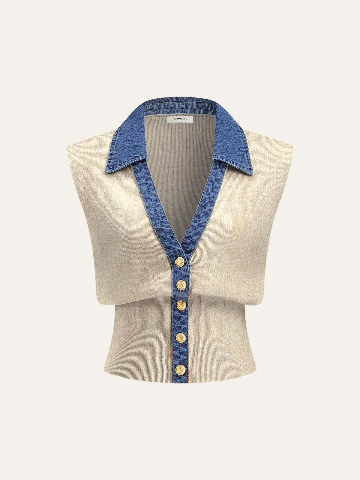 Denim Trim Metal Button Knit Vest
