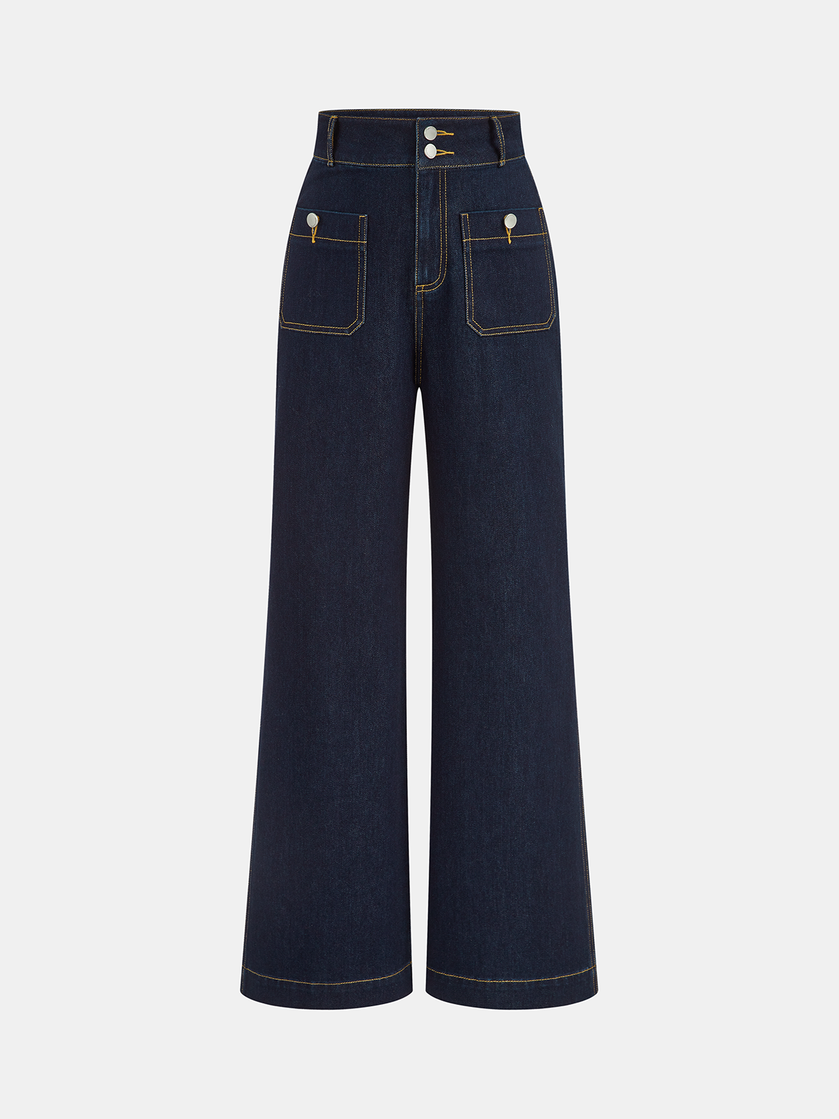 High-Waisted Double-Button Straight-Leg Denim Pants