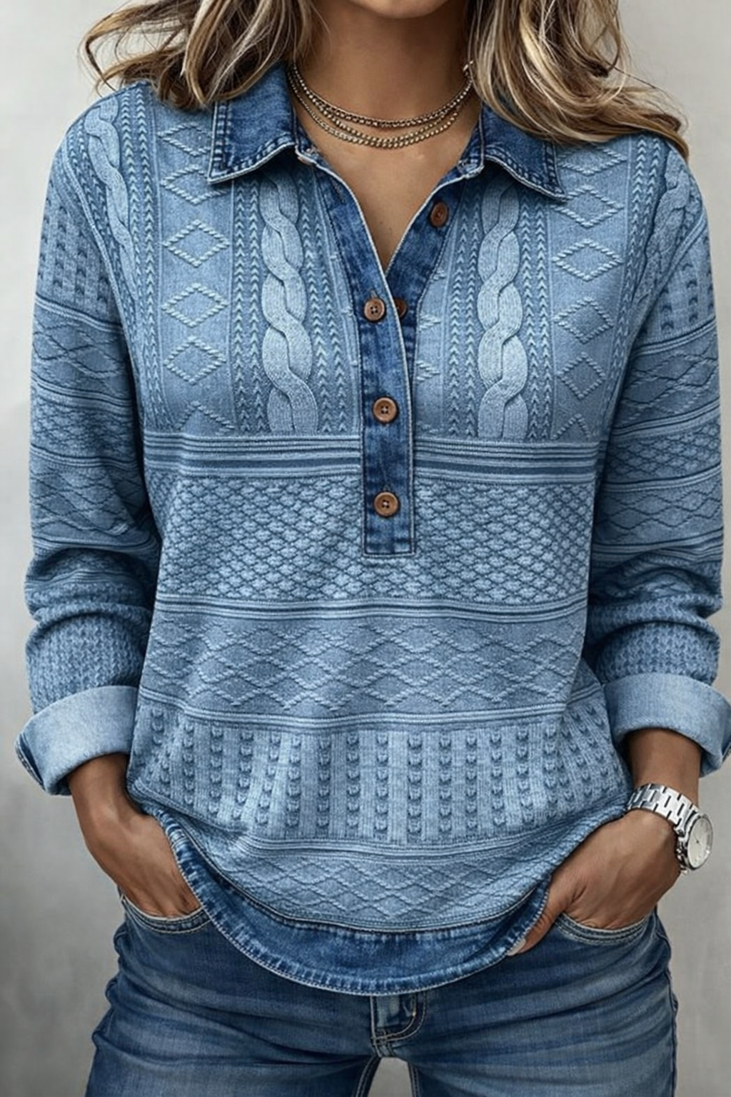 Rowan | Textured Button Top with Contrast Collar